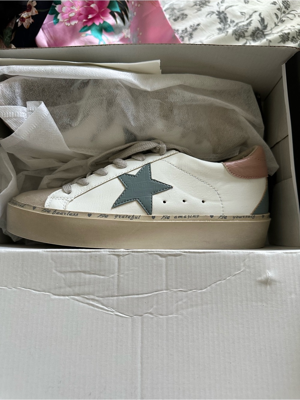 ShuShop White Sneakers with Blue Star & Pink Heel Tab